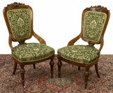 Antique Chairs, Side Victorian Carved & Upholstered, Set of Two, Green, 1800s! - Old Europe Antique Home Furnishings
