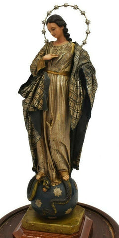 Beautiful Madonna, Religious Wax Figure Virgin St. Mary, Continental Under Dome, Antique!! - Old Europe Antique Home Furnishings