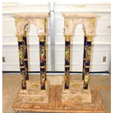 Pedestals, Pair, French Style, Porcelain, Bronze, Marble Top, Vintage / Antique - Old Europe Antique Home Furnishings