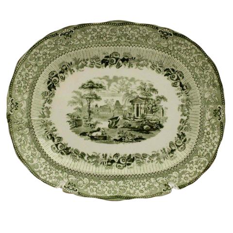 Antique Platter, English Transfer Ware, Ridgeways, Green Grecian Pattern, Lovely - Old Europe Antique Home Furnishings