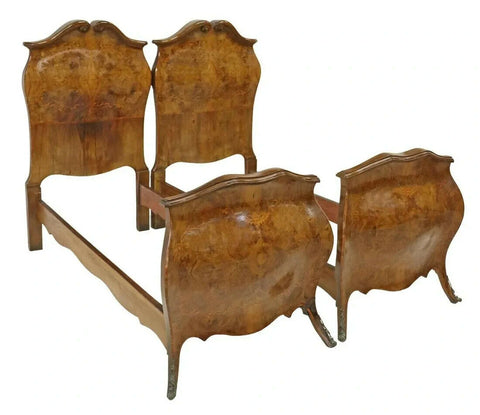 Beds, Italian Louis XV Style Burled Walnut, Scrolled Marquetry, Pair, 2, 1900s - Old Europe Antique Home Furnishings