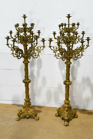 Antique Candelabras, Brass, Monumental, Pair,, 61"H, 21" x 21" Each - Old Europe Antique Home Furnishings