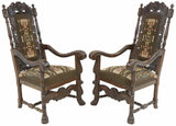 Handsome Antique Armchairs, HIghback, (2) Continental Carved Oak, Crest, Paw Feet, 1800s, 19th Century! - Old Europe Antique Home Furnishings