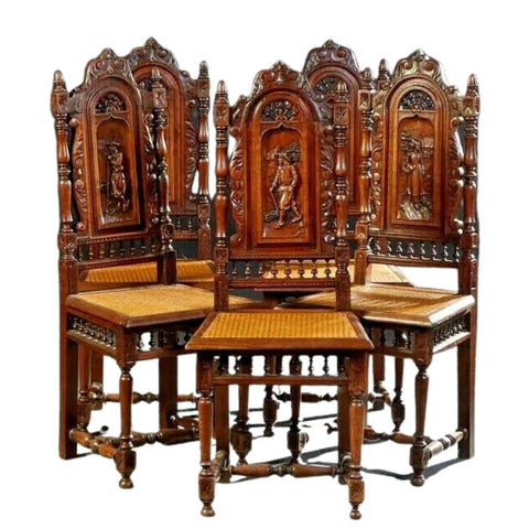 Dining Chairs, Oak, Set of Five Spanish Renaissance Style, Figural, Carved Wood - Old Europe Antique Home Furnishings