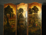 Antique Screen, Folding, 1900s, English Painted Leather Fox Hunting Scene, Nice for Dividing up a Room! - Old Europe Antique Home Furnishings