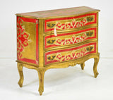 Chest / Dresser, Red and Gold Florentine 3 Drawer, Vintage / Antique, Handsome! - Old Europe Antique Home Furnishings