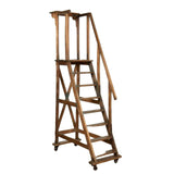 Antique Ladder, Rolling Library Wooden, Single Ledge with Railing Early 1900s! - Old Europe Antique Home Furnishings