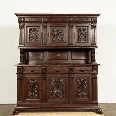 Antique Buffet, Henri II, Continental Heavily Carved Walnut, Large 1800's - Old Europe Antique Home Furnishings