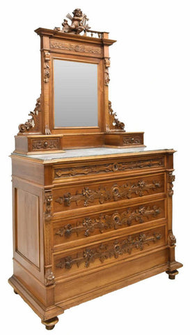 Antique Dresser, Commode, Italian Figural, Carved, Marble-Top & Mirror, 1800s!! - Old Europe Antique Home Furnishings