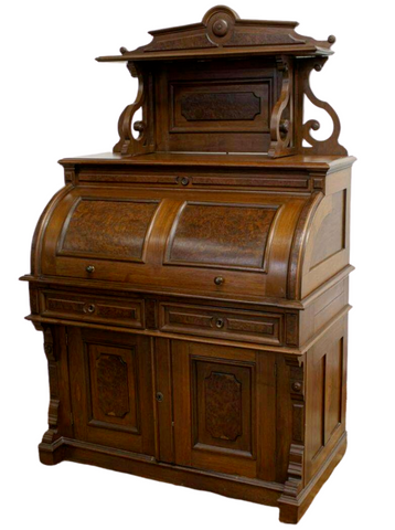 Antique Desk, Cylinder, Secretary, American Victorian Walnut, 1800s, Stunning! - Old Europe Antique Home Furnishings