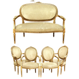 Settee, Armchairs, Four, French Louis XVI Style Giltwood, Salon, Early 1900's! - Old Europe Antique Home Furnishings