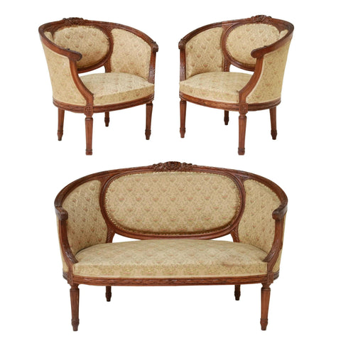 Antique Settee Set with 2 Bergeres, French Louis XVI Style Upholstered, 20th C.! - Old Europe Antique Home Furnishings