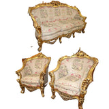 Sofa, Chairs (2), Highly Carved, Ornate, Gold Gilt, Embroidery,Vintage / Antique - Old Europe Antique Home Furnishings