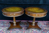 Antique Tables, Lamp, Mahogany Set of 2, Leather Top Circular, Handsome 27 Ins! - Old Europe Antique Home Furnishings