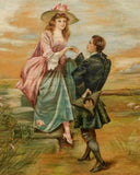 Romantic Antique Wall Tapestry, 18th C., ( 1700s ) American Hand Painted Wall Tapestry - Old Europe Antique Home Furnishings