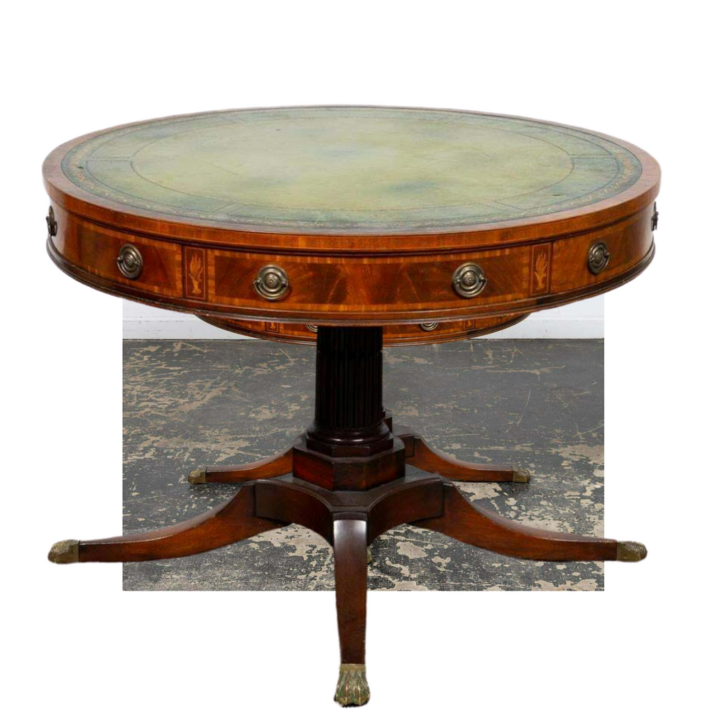 Table Leather Top Drum Baker Regency Style Vintage Antique