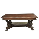 Table, Dining, Walnut Italian, Renaissance Revival Figured Carved, Early 1900s! - Old Europe Antique Home Furnishings